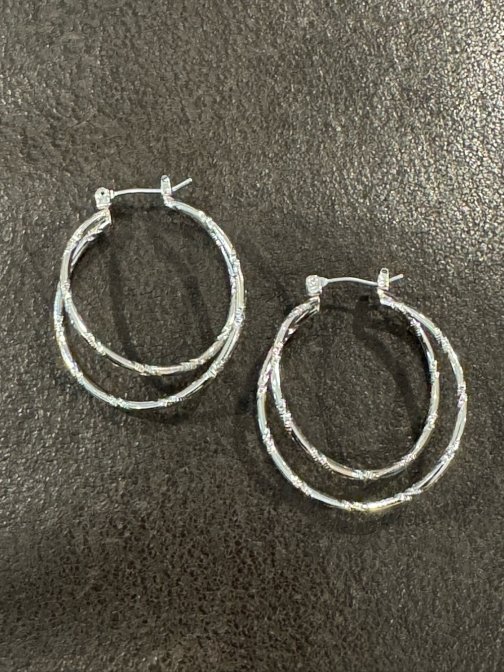 Double Hoop Earrings Textured Silver Tone